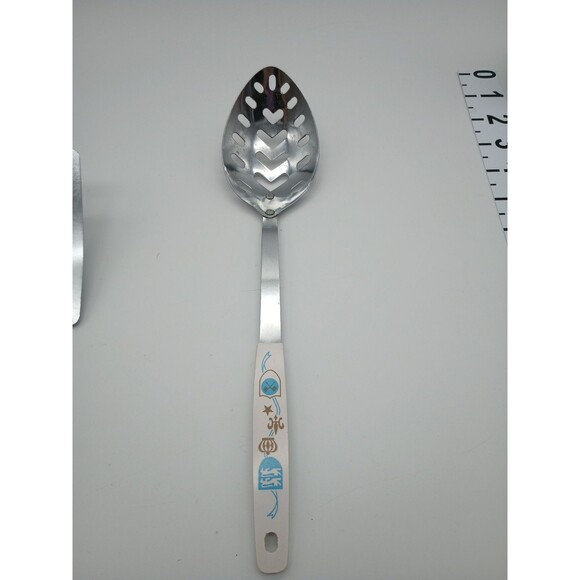Vtg Stainless Steel Kitchen Utensils Short Spatula Slotted Spoon Blue Gold Crown - Picture 9 of 13